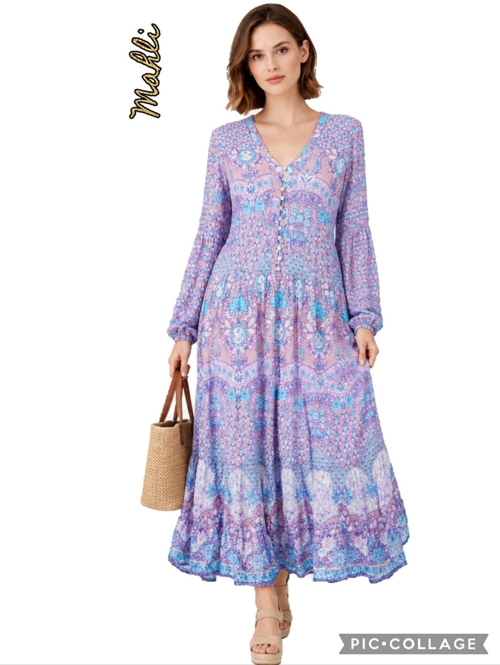 Mahli midi dress boho in lilac & teal gathered button front & tie, long sleeves